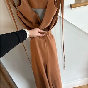 House of CB Tan Wide-Leg Jumpsuit with High Neck